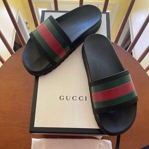 Gucci Black Slides with Red and Green Accents